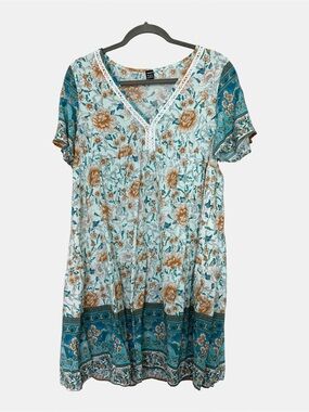 NWOT Boho Floral V-Neck Tunic Dress - Teal & Tan